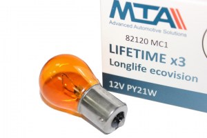 Лампа 1-контактная  12V большая  21W оранжевая (поворотов, со смещением)  (пр-во МТА)