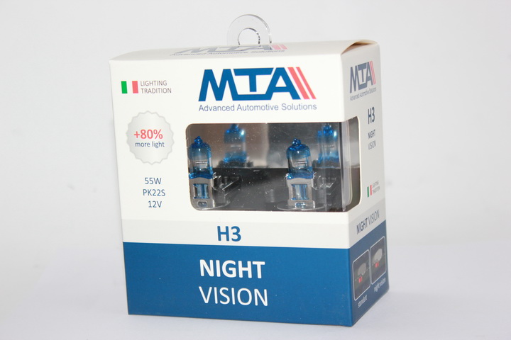 Лампа галогенная  Н3  12V, 55W  80%  NIGHT VISION  (компл = 2шт)  противотуманки  (пр-во MTA)